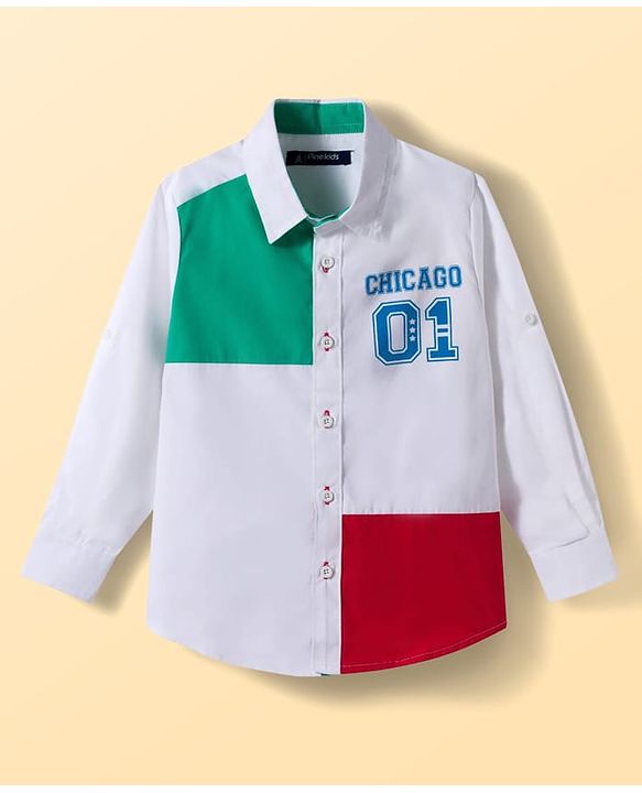 Pine Kids Cotton Woven Full Sleeves Cut & Sew Shirt with Chicago Print - White