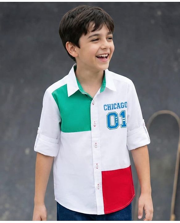 Pine Kids Cotton Woven Full Sleeves Cut & Sew Shirt with Chicago Print - White