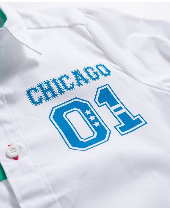 Pine Kids Cotton Woven Full Sleeves Cut & Sew Shirt with Chicago Print - White