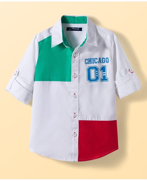Pine Kids Cotton Woven Full Sleeves Cut & Sew Shirt with Chicago Print - White