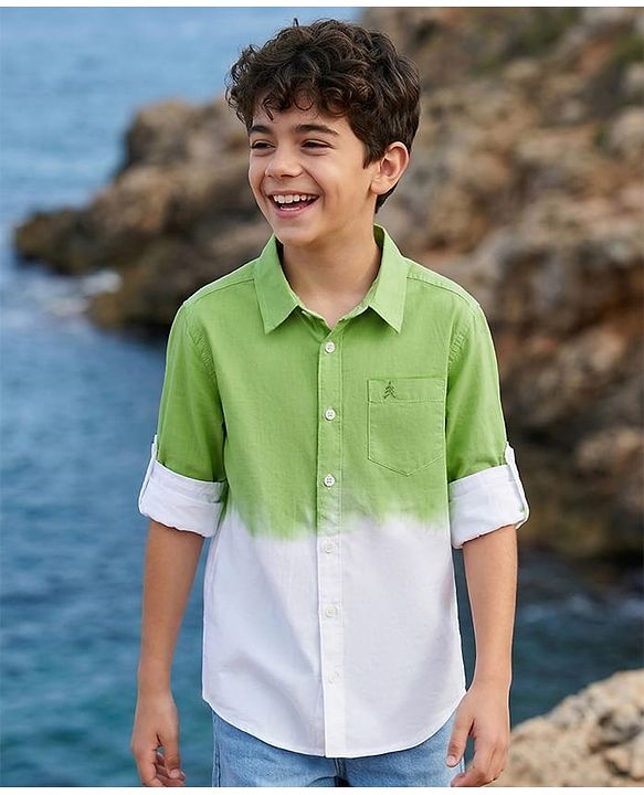 Pine Kids Cotton Woven Full Sleeves Ombre Shirt - Green & White