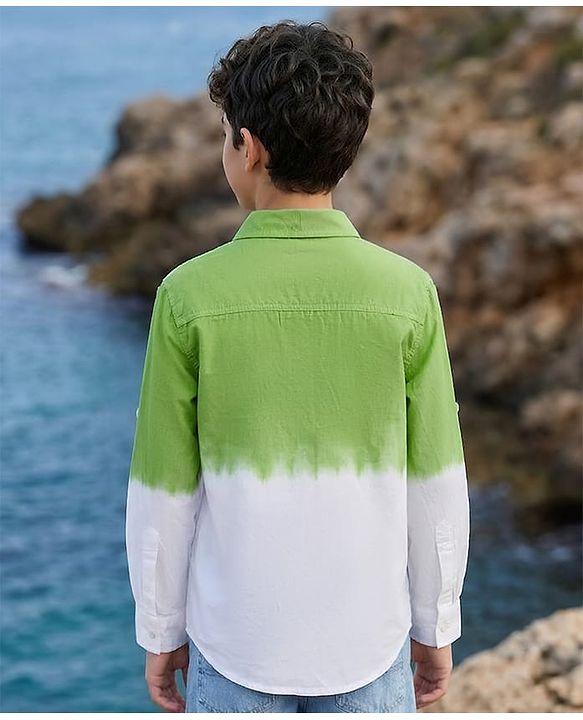Pine Kids Cotton Woven Full Sleeves Ombre Shirt - Green & White