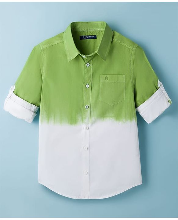 Pine Kids Cotton Woven Full Sleeves Ombre Shirt - Green & White