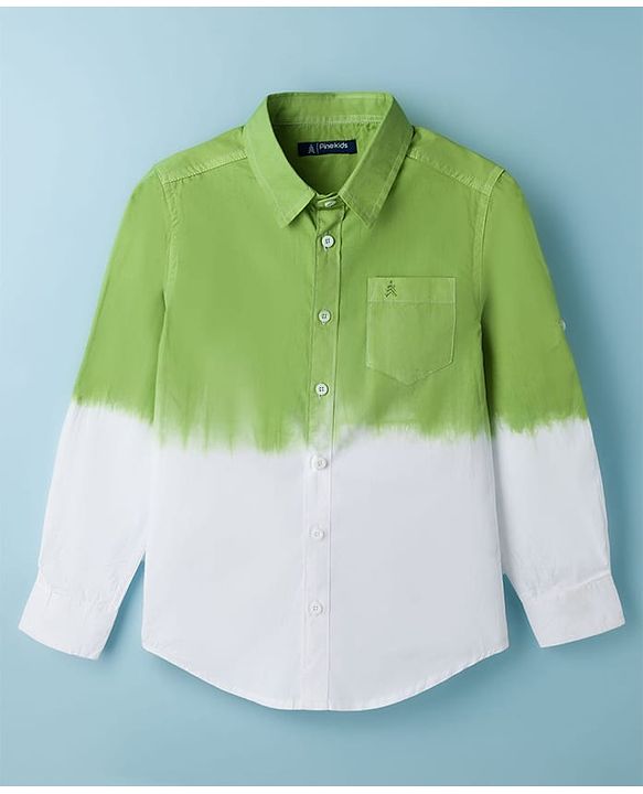 Pine Kids Cotton Woven Full Sleeves Ombre Shirt - Green & White