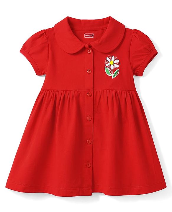 Babyhug Interlock Knit Half Sleeves Frock with Floral Print & Bloomer - Red