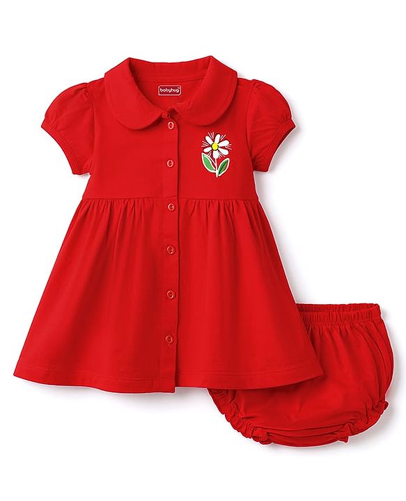 Babyhug Interlock Knit Half Sleeves Frock with Floral Print & Bloomer - Red