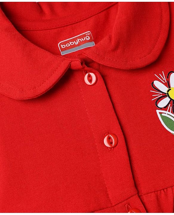 Babyhug Interlock Knit Half Sleeves Frock with Floral Print & Bloomer - Red