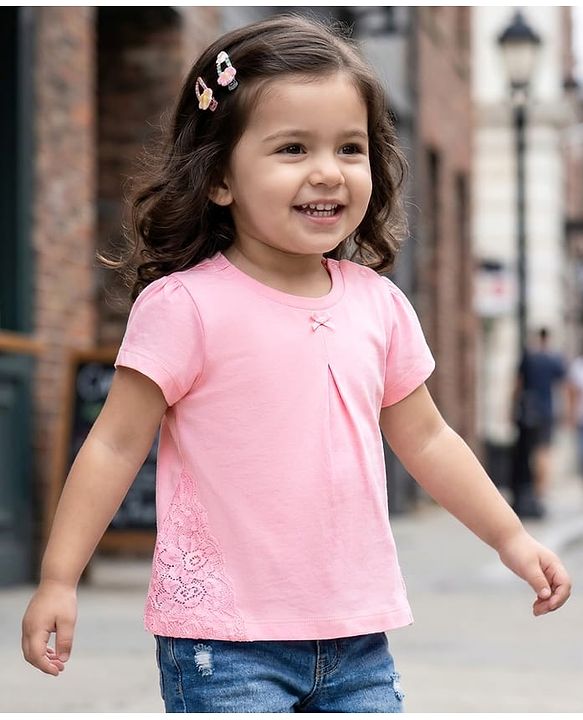 Babyhug 100% Cotton Knit Half Sleeves Top Lace Detailing - Pink