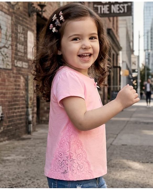 Babyhug 100% Cotton Knit Half Sleeves Top Lace Detailing - Pink