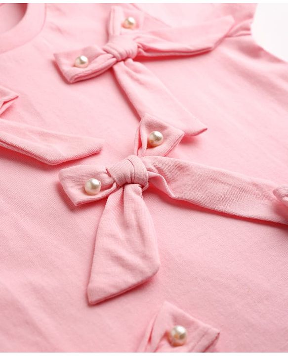 Babyhug Cotton Knit Half Sleeves Top With Bow Applique & Pearls - Pink