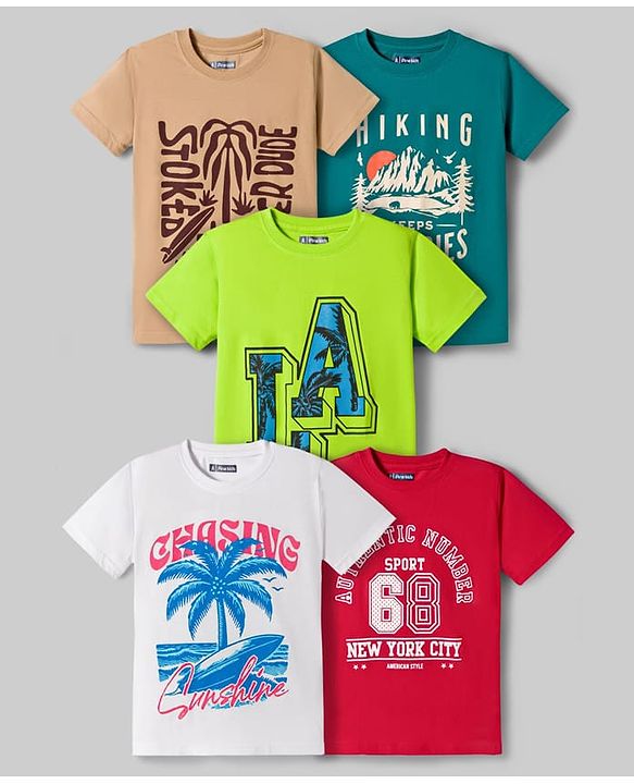 Pine Kids Cotton Knit Half Sleeves Beach Theme & Text Printed T-Shirts Pack Of 5 - Multicolour