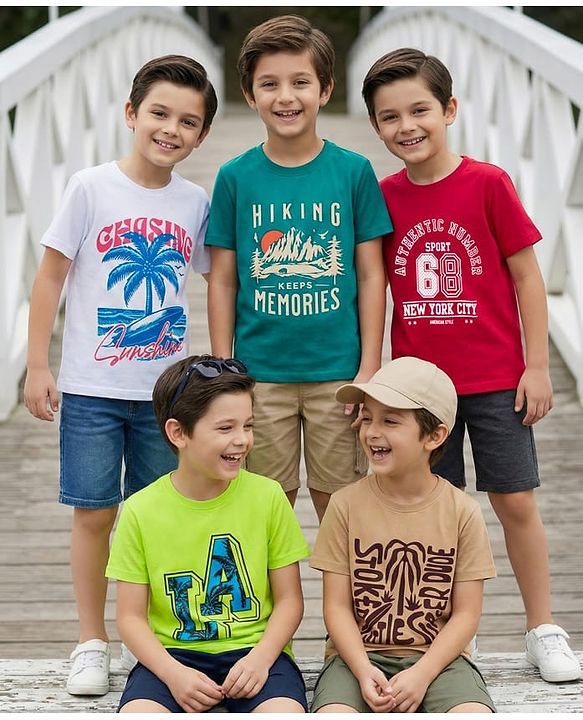Pine Kids Cotton Knit Half Sleeves Beach Theme & Text Printed T-Shirts Pack Of 5 - Multicolour