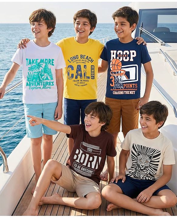 Pine Kids Cotton Knit Half Sleeves Beach & Sports Theme Printed T-Shirts Pack Of 5 - Multicolour