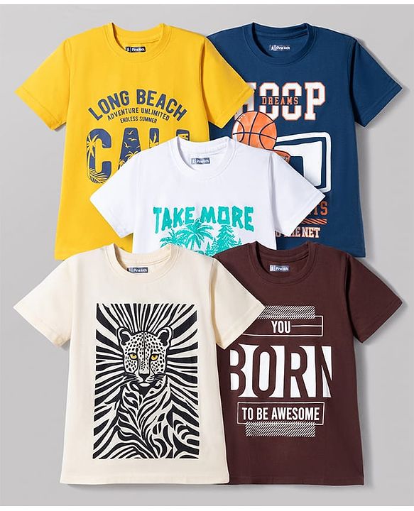 Pine Kids Cotton Knit Half Sleeves Beach & Sports Theme Printed T-Shirts Pack Of 5 - Multicolour