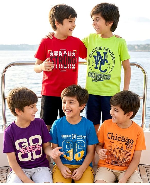 Pine Kids Cotton Knit Half Sleeves Text Printed T-Shirts Pack Of 5 - Multicolour
