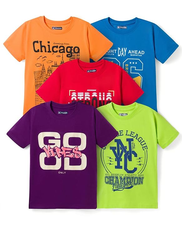 Pine Kids Cotton Knit Half Sleeves Text Printed T-Shirts Pack Of 5 - Multicolour