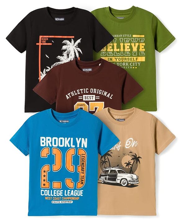 Pine Kids Cotton Knit Half Sleeves Beach Theme & Text Printed T-Shirts Pack Of 5 - Multicolour