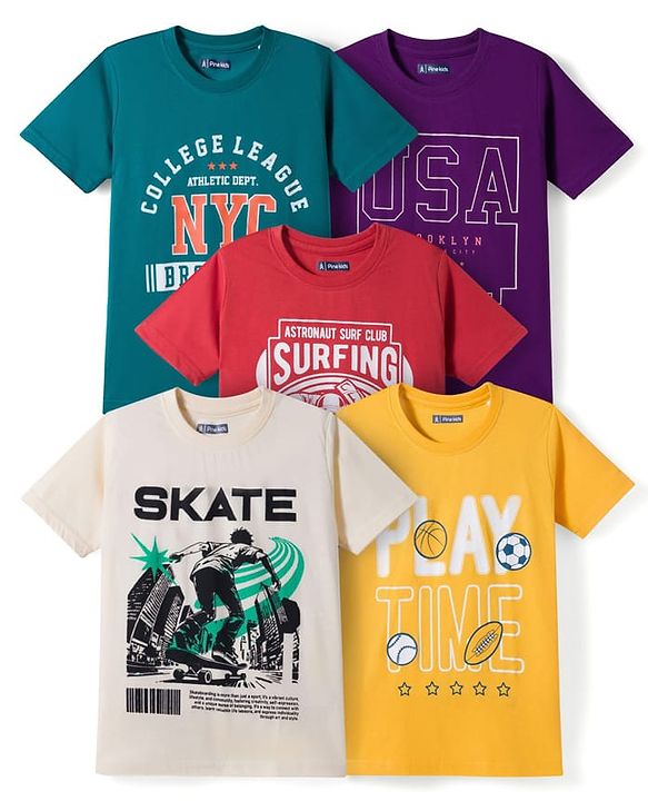 Pine Kids Cotton Knit Half Sleeves Sports Theme & Text Printed T-Shirts Pack Of 5 - Multicolour