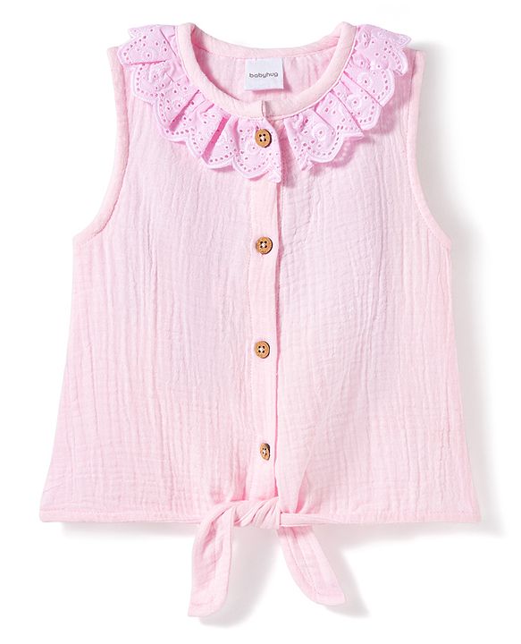 Babyhug Cotton Woven Sleeveless Top with Schiffli Detailing Pink 6-9 Months