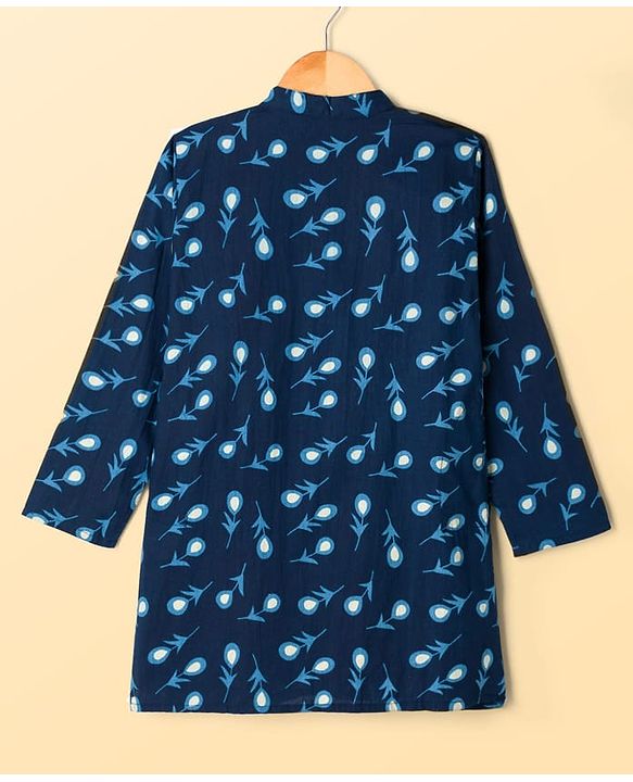Pine Kids Cotton Woven Full Sleeves Kurta & Pyjama Set With Floral Print - Navy Blue