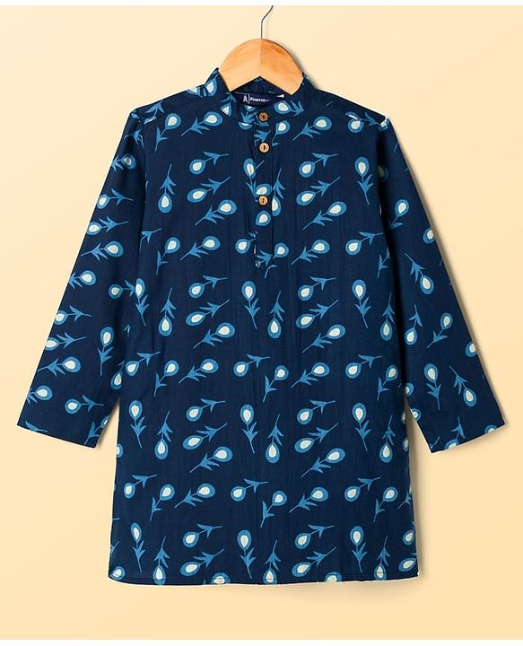 Pine Kids Cotton Woven Full Sleeves Kurta & Pyjama Set With Floral Print - Navy Blue
