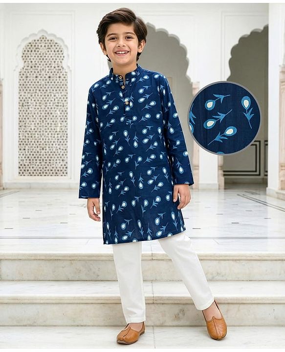 Pine Kids Cotton Woven Full Sleeves Kurta & Pyjama Set With Floral Print - Navy Blue