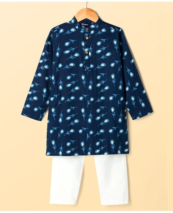 Pine Kids Cotton Woven Full Sleeves Kurta & Pyjama Set With Floral Print - Navy Blue