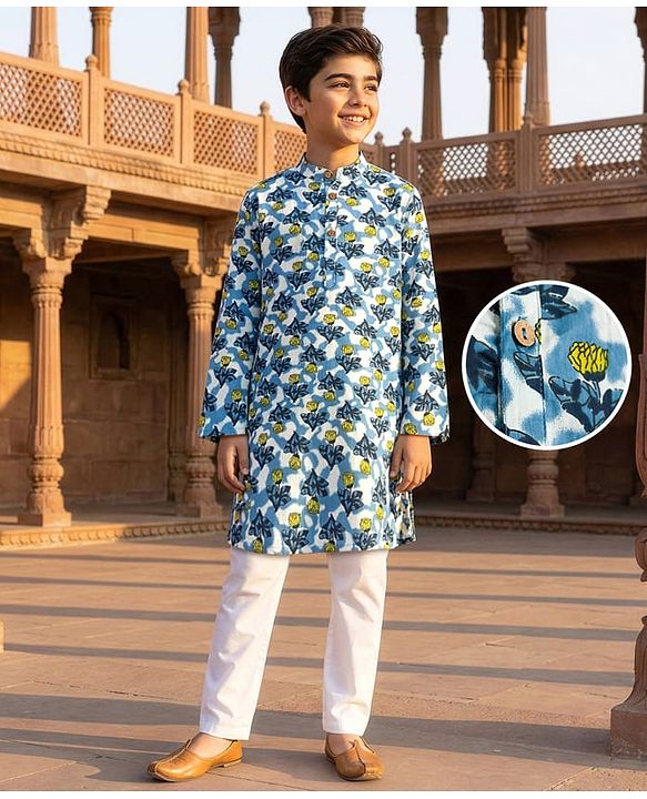 Pine Kids Cotton Woven Full Sleeves Kurta Pyjama Set With Floral Print - White