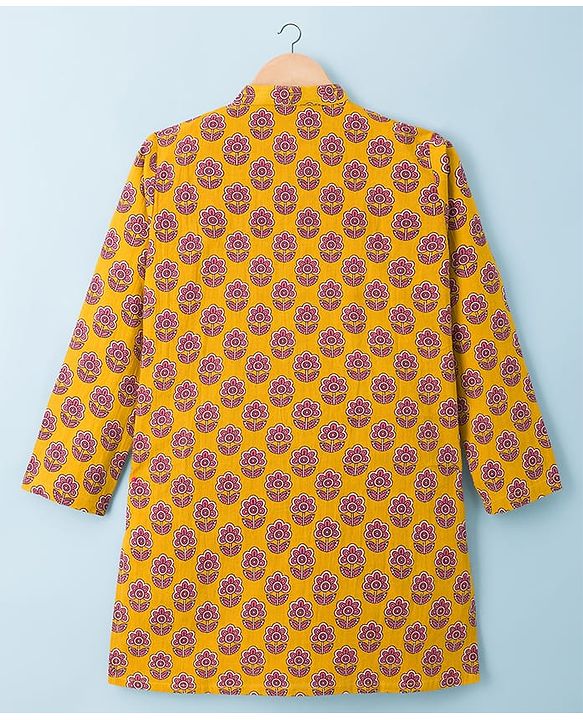 Pine Kids Cotton Woven Full Sleeves Kurta Pyjama Set With Floral Print - Mustard