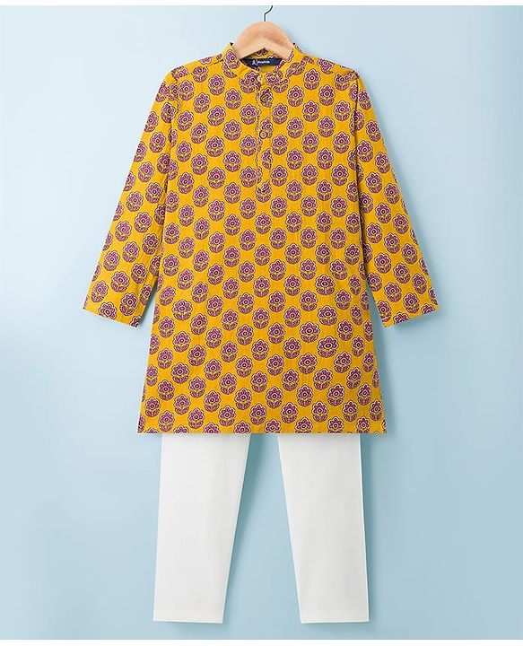 Pine Kids Cotton Woven Full Sleeves Kurta Pyjama Set With Floral Print - Mustard