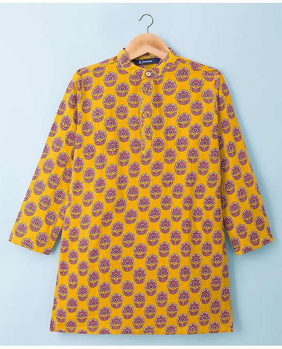 Pine Kids Cotton Woven Full Sleeves Kurta Pyjama Set With Floral Print - Mustard