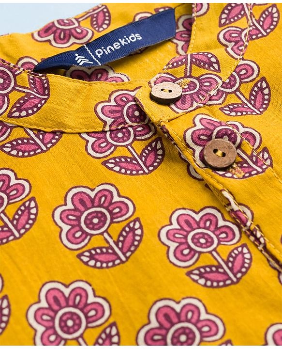 Pine Kids Cotton Woven Full Sleeves Kurta Pyjama Set With Floral Print - Mustard