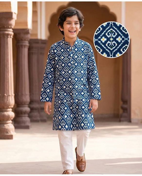 Pine Kids Cotton Woven Full Sleeves Kurta Pyjama Set With Floral Print - Navy Blue