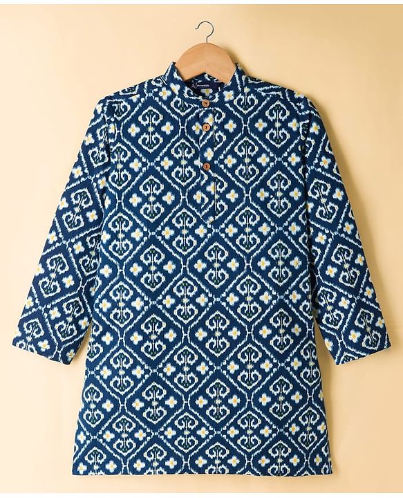 Pine Kids Cotton Woven Full Sleeves Kurta Pyjama Set With Floral Print - Navy Blue