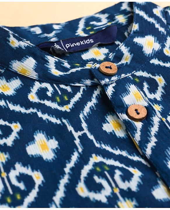 Pine Kids Cotton Woven Full Sleeves Kurta Pyjama Set With Floral Print - Navy Blue