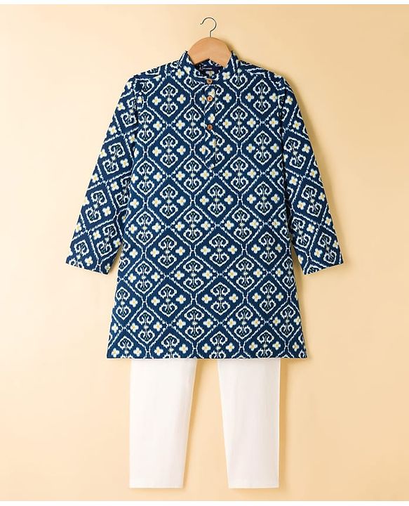 Pine Kids Cotton Woven Full Sleeves Kurta Pyjama Set With Floral Print - Navy Blue