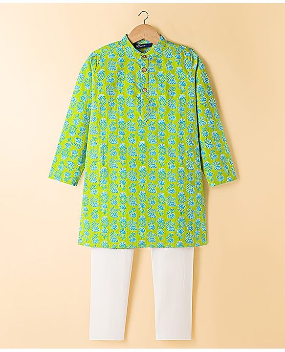 Pine Kids Cotton Woven Full Sleeves Kurta Pyjama Set With Floral Print - Lime Green