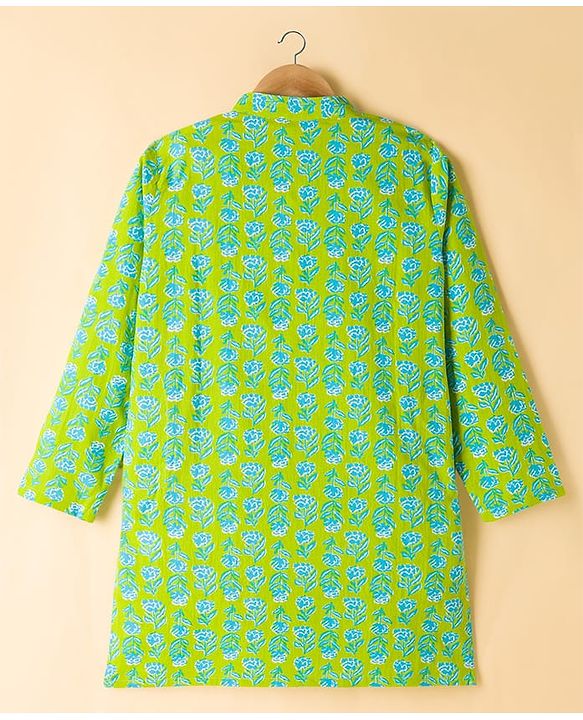 Pine Kids Cotton Woven Full Sleeves Kurta Pyjama Set With Floral Print - Lime Green