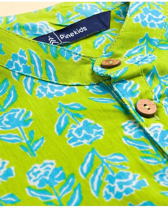 Pine Kids Cotton Woven Full Sleeves Kurta Pyjama Set With Floral Print - Lime Green