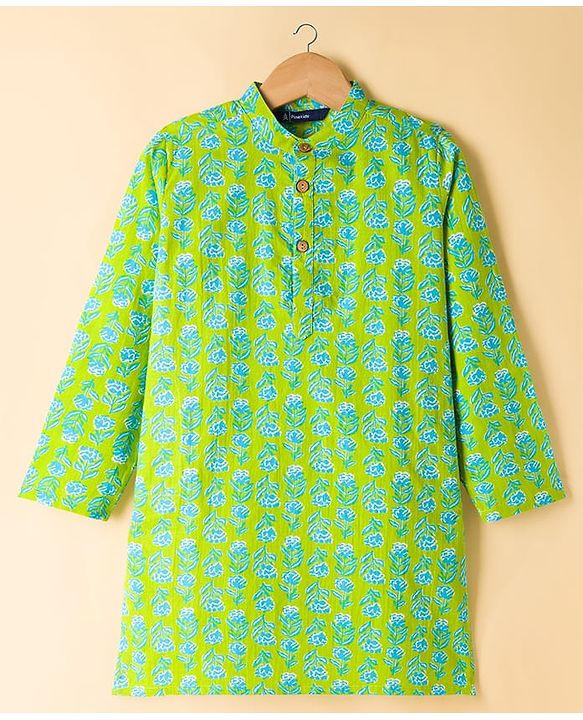 Pine Kids Cotton Woven Full Sleeves Kurta Pyjama Set With Floral Print - Lime Green
