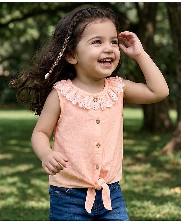Babyhug Cotton Woven Top Sleeveless with Schiffli Detailing PEACH 6-9 Months