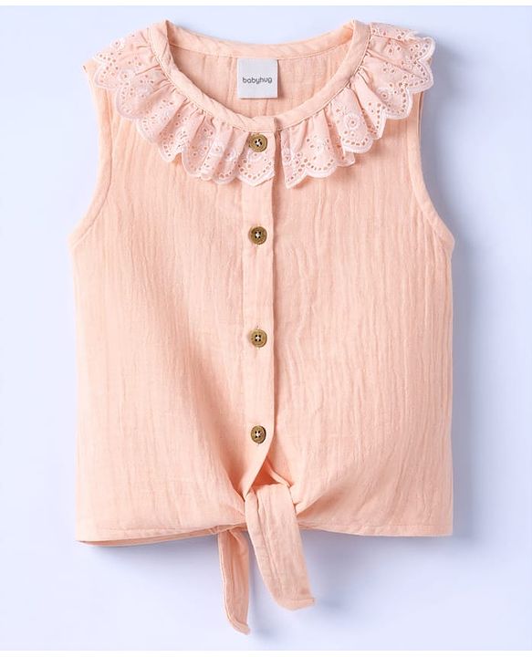 Babyhug Cotton Woven Top Sleeveless with Schiffli Detailing PEACH 6-9 Months