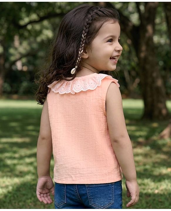 Babyhug Cotton Woven Top Sleeveless with Schiffli Detailing PEACH 6-9 Months