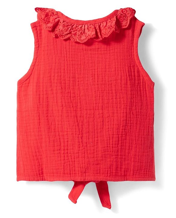 Babyhug Cotton Woven Sleeveless Knotted Top With Schiffli Detailing - Red