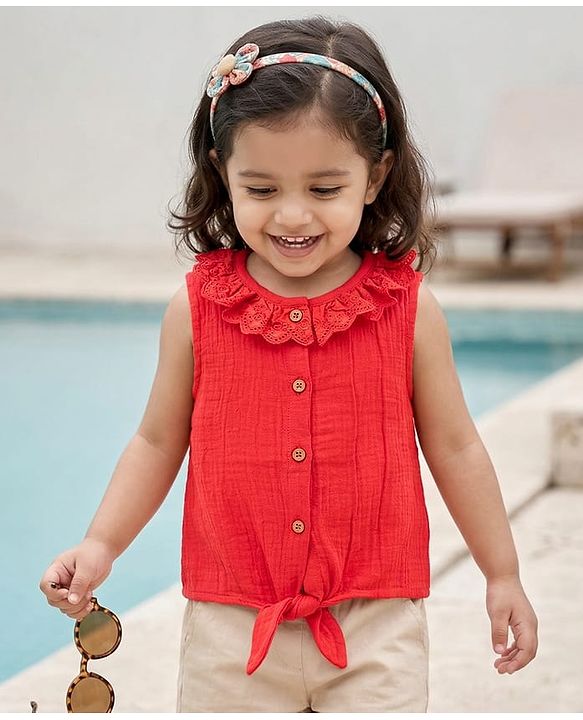 Babyhug Cotton Woven Sleeveless Knotted Top With Schiffli Detailing - Red