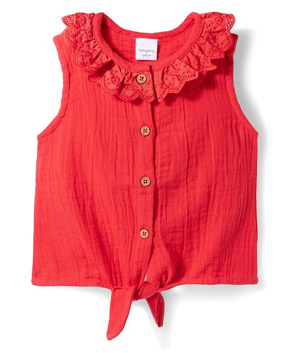 Babyhug Cotton Woven Sleeveless Knotted Top With Schiffli Detailing - Red