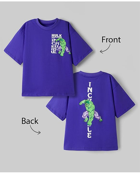 Pine Kids Marvel Single Jersey Knit Drop Shoulder Half Sleeves T-Shirt with Hulk Front  & Back Print - Purple
