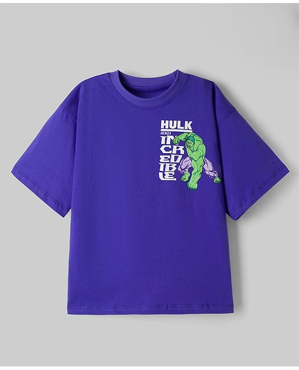 Pine Kids Marvel Single Jersey Knit Drop Shoulder Half Sleeves T-Shirt with Hulk Front  & Back Print - Purple
