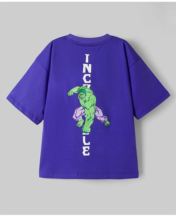 Pine Kids Marvel Single Jersey Knit Drop Shoulder Half Sleeves T-Shirt with Hulk Front  & Back Print - Purple