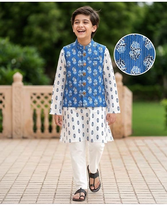 Pine Kids Cotton Woven Full Sleeves Kurta Pyjama Set With Floral Print & Nehru Jacket - White